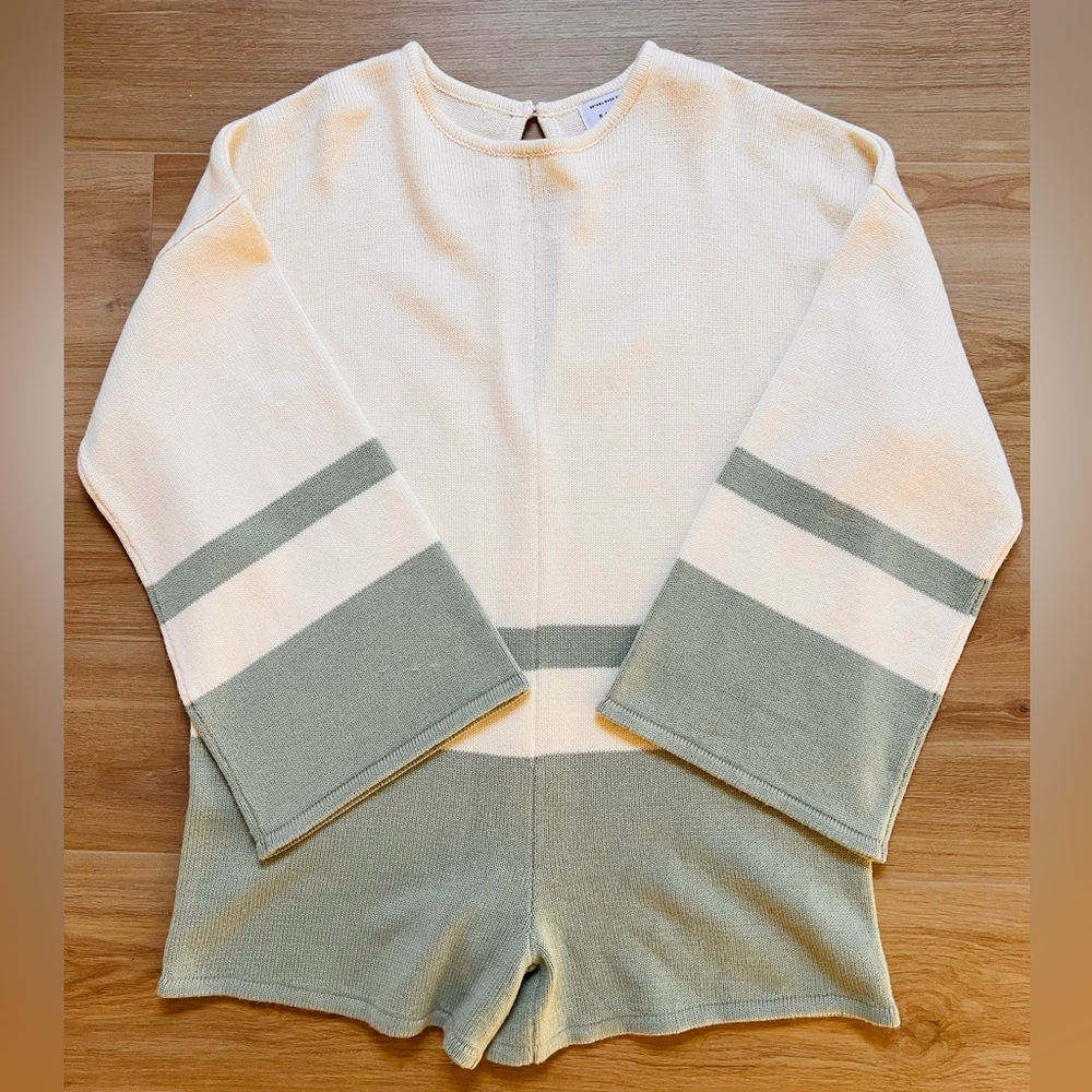 SABO Australia Knit Playsuit Romper Medium Cream Sage Striped Bell Sleeve Lounge - Picture 2 of 8